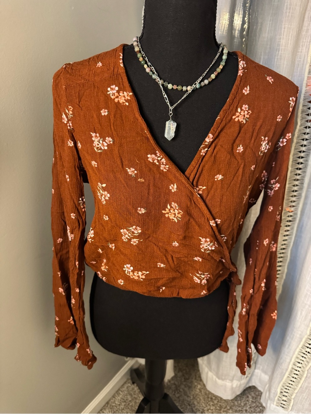 We My People Boho Floral Wrap Crop Top  Flowy, Brown